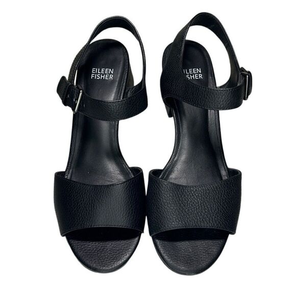Eileen Fisher - Block Heeled Sandals, Strappy, Pebbled Leather - Size 8, Black - Picture 3 of 14